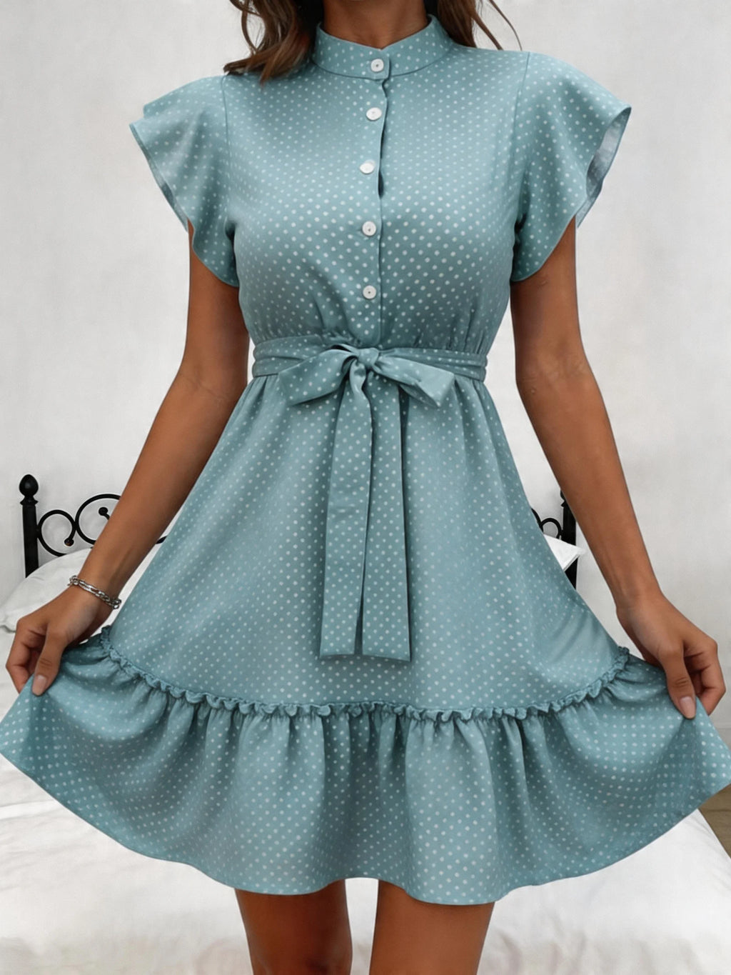 New-Style Polka Dot Printed Butterfly Sleeve Ruffled Hem Waist Belt Dress