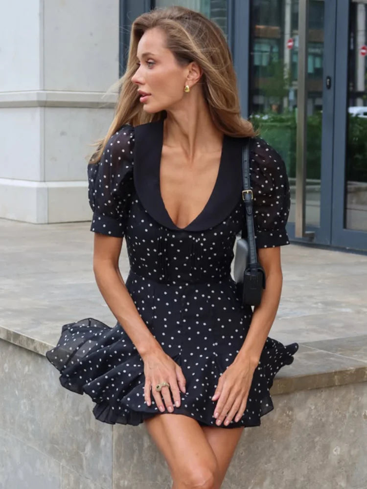 Black Polka Dot Short Sleeve Mini Dress Sexy V Neck Slim Ruffle Hem Skater Robes Women's Daily Office Commute Gowns 2026 New