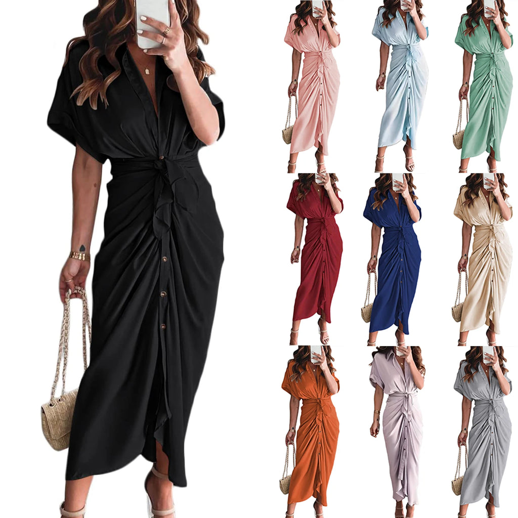 Lady Popular Ruffled Dress Short Sleeve With Belt Solid Color V Neck Dress Women High Waist Loose Fit High Street Cozy Dress