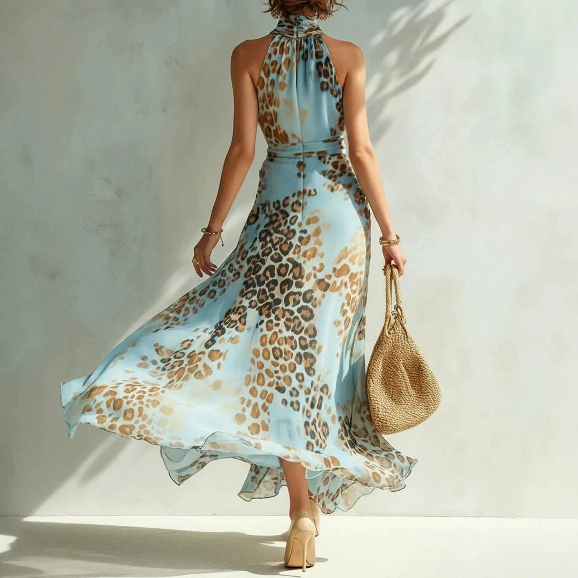 Elegant Lady Sleeveless Pleated Dress 2026 Summer New Leopard Printed Halter Dress Fashion Off Shoulder High Waist Chiffon Dress