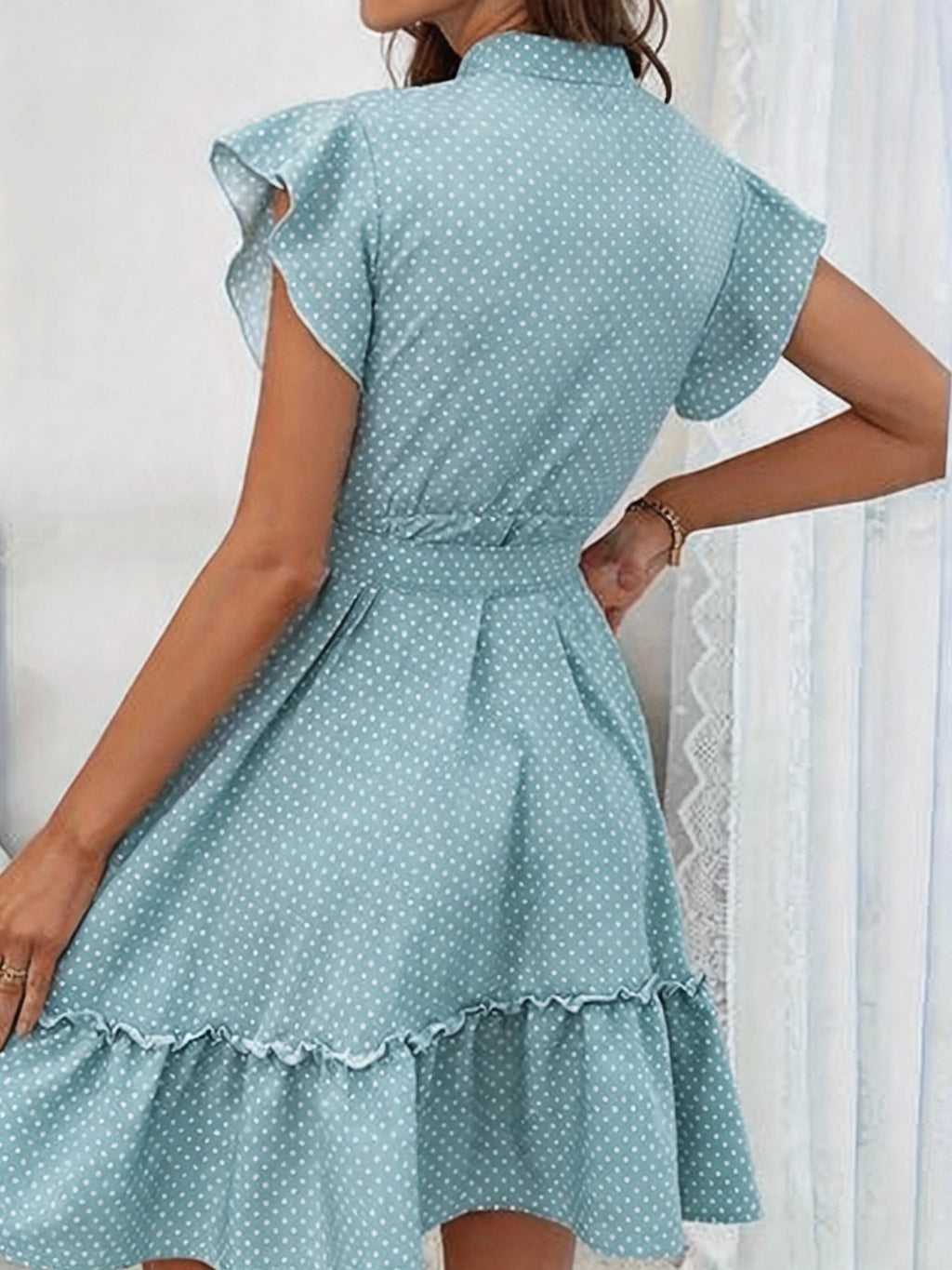 New-Style Polka Dot Printed Butterfly Sleeve Ruffled Hem Waist Belt Dress