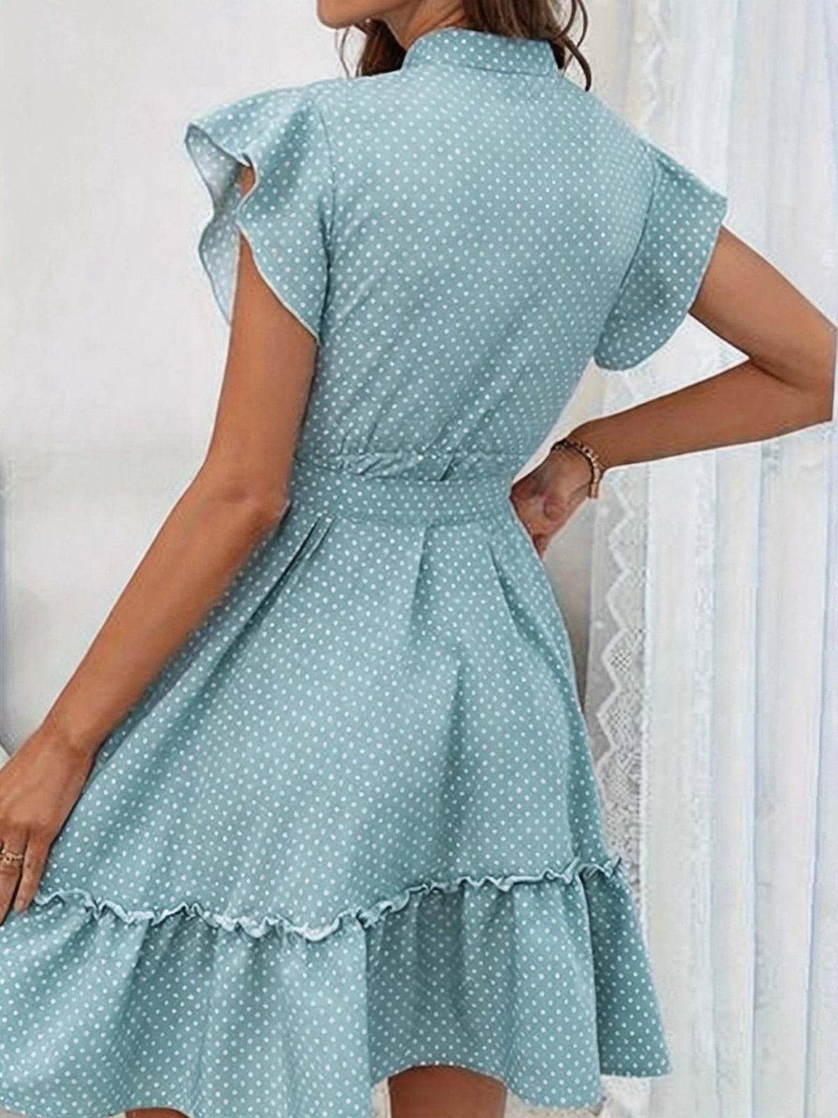 New-Style Polka Dot Printed Butterfly Sleeve Ruffled Hem Waist Belt Dress