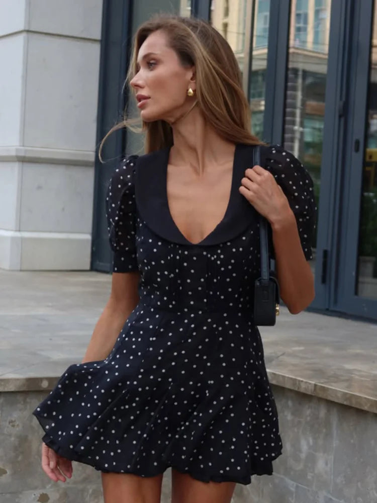 Black Polka Dot Short Sleeve Mini Dress Sexy V Neck Slim Ruffle Hem Skater Robes Women's Daily Office Commute Gowns 2026 New