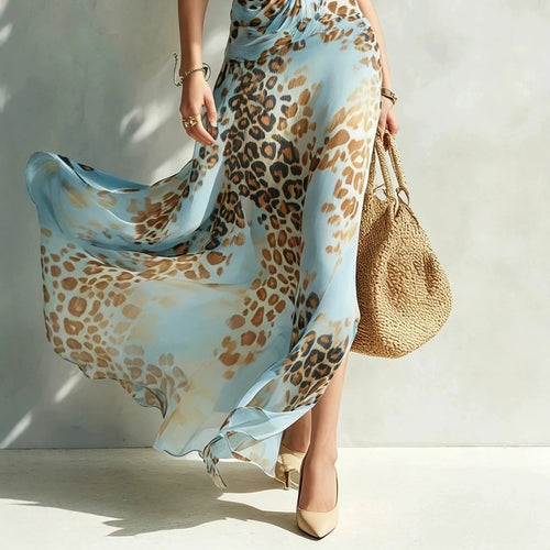 Elegant Lady Sleeveless Pleated Dress 2026 Summer New Leopard Printed Halter Dress Fashion Off Shoulder High Waist Chiffon Dress